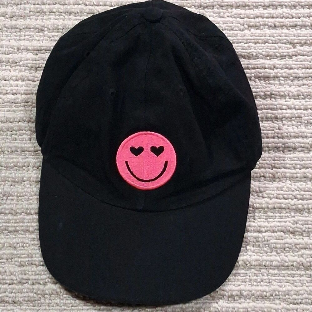 women black baseball cap pink smiley face heart eyes patch dad hat strapback os